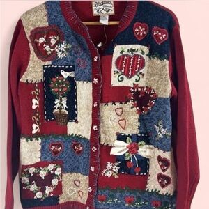 Charming Patchwork Cardigan with Heart and Floral Accents